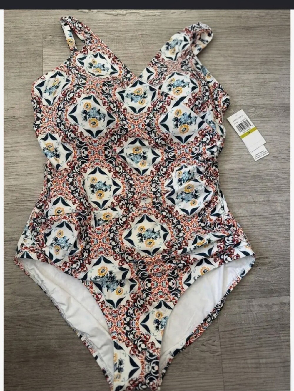 NWT Jantzen Ceramic Tile V-Neck One Piece Swimsuit Red Multi Women's size eight